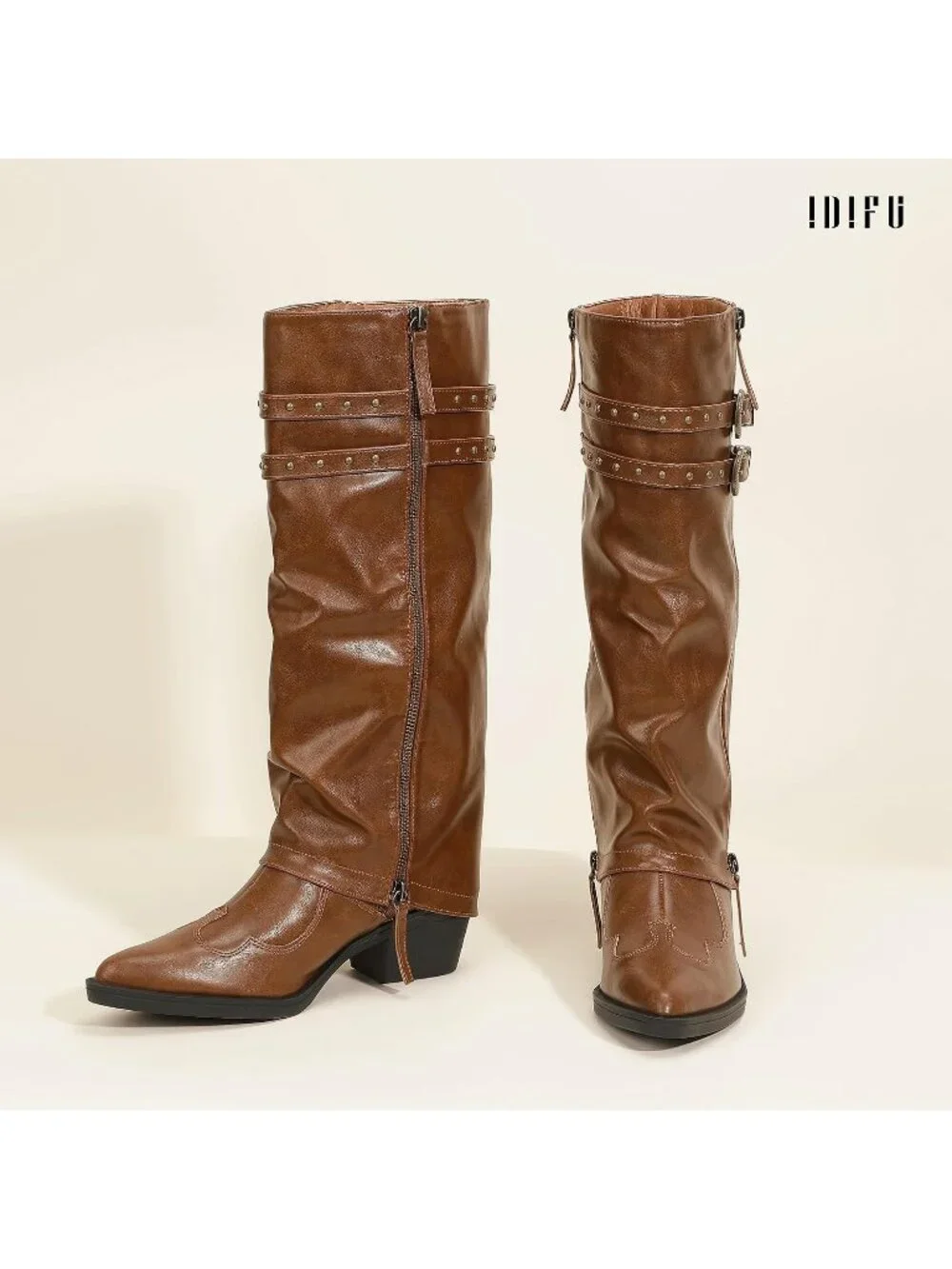 Women's Brown pu Manmade Knee High Fold Over Studded Chunky Heel Shark Boots